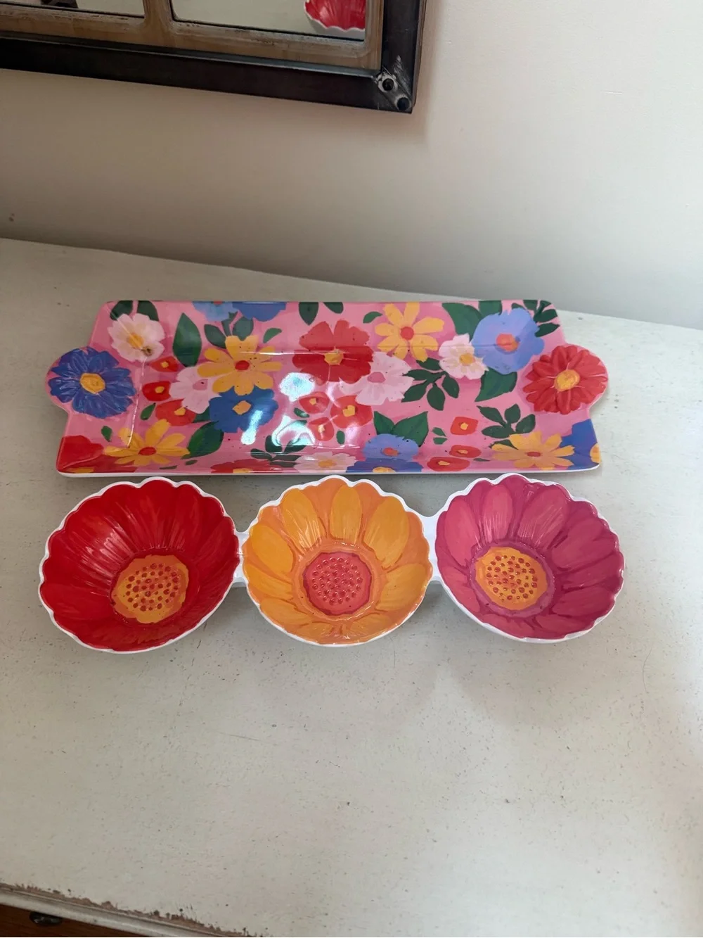 Colorful Floral Plastic Snack Set - Red, Yellow, Pink
